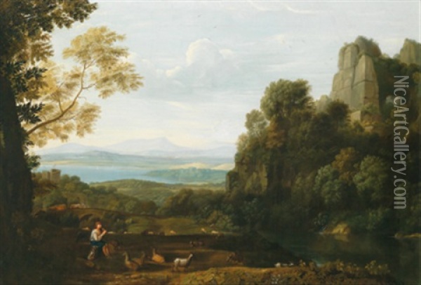 Ideale Landschaft Mit Apollo Und Merkur (after Claude Lorrain) Oil Painting - Ludwig Philipp Strack