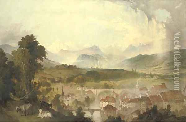 View of Berne with the Aar River and the Nydegg Bridge, goats in the foreground and the Alps beyond Oil Painting - James Astbury Hammersley