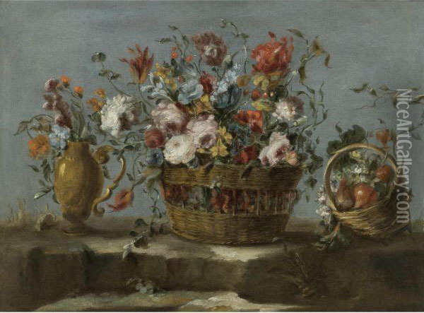 Still Life Of A Basket Of Flowers On A Rock Ledge Oil Painting - Francesco Guardi