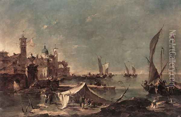 Landscape with a Fisherman's Tent 1770-75 Oil Painting - Francesco Guardi