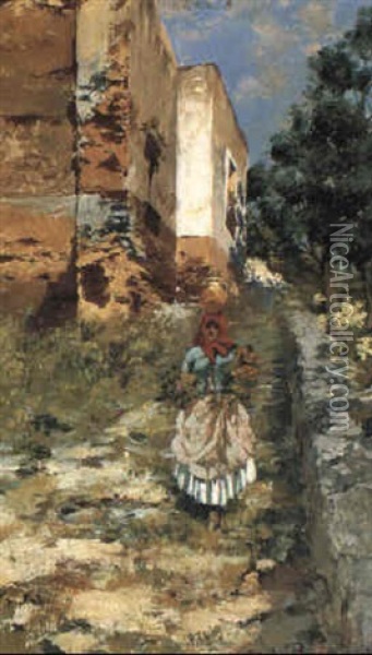 Italian Lady Collecting Water And Flowers Oil Painting - Carlo Brancaccio
