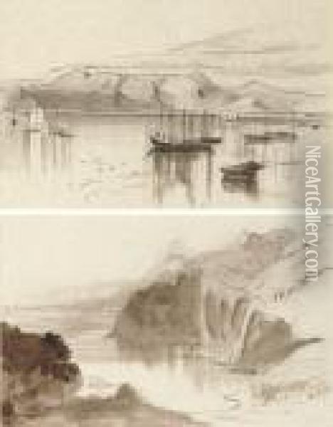 View Of Mount San Salvador, Corfu; And View Of Sant' Angelo, Corfu Oil Painting - Edward Lear