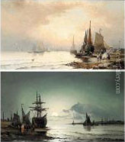Shipping At Dawn; Shipping At Dusk Oil Painting - Hubert Thornley