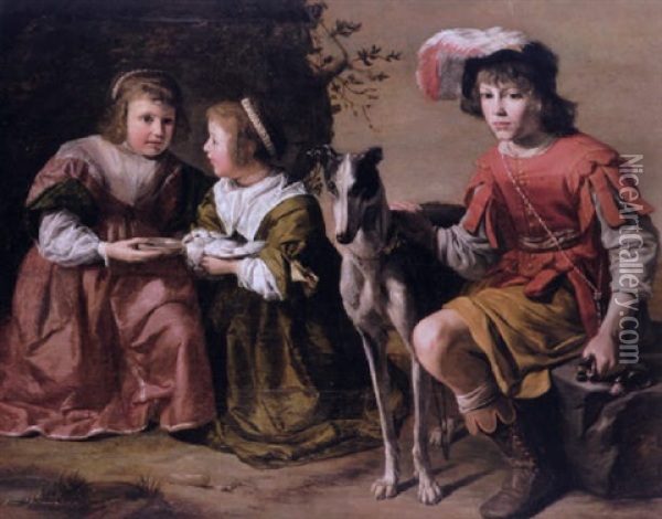 Portrait Of Two Girls And A Boy Of The D'arenberg Family Seated With A Dove And Greyhound In A Landscape Oil Painting - Gysbrecht Van Der Kuyl