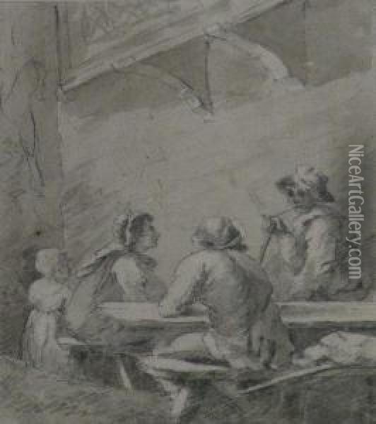 Rustic Figures Outside A Tavern Oil Painting - James Ward