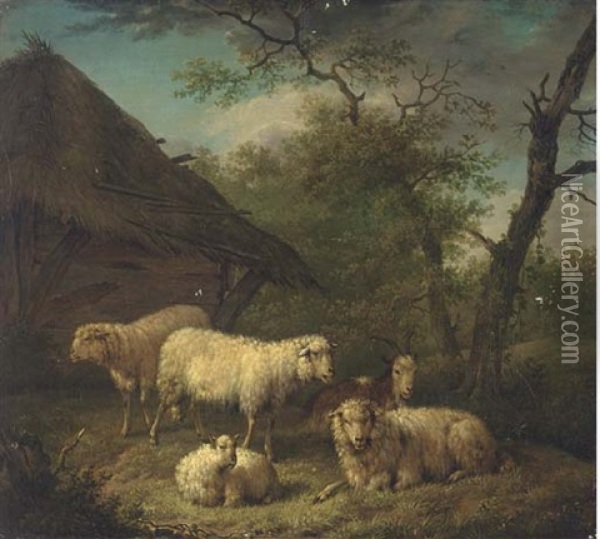 Sheep By A Barn In A Landscape Oil Painting - Simon van der Does