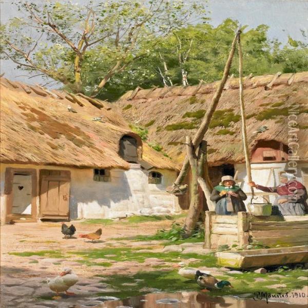 A Sunny Farm Exterior With Two Women By A Well Oil Painting - Peder Mork Monsted