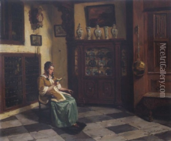 Hollandisches Interieur Mit Lesender Dame Im Lehnstuhl Oil Painting - Albert Friedrich Schroeder