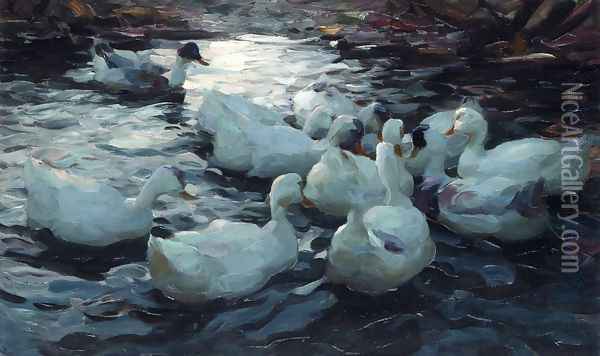 Ducks Feeding Oil Painting - Alexander Max Koester
