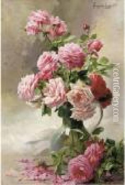 Pink Roses In A Glass Vase Oil Painting - Albert Tibule Furcy De Lavault