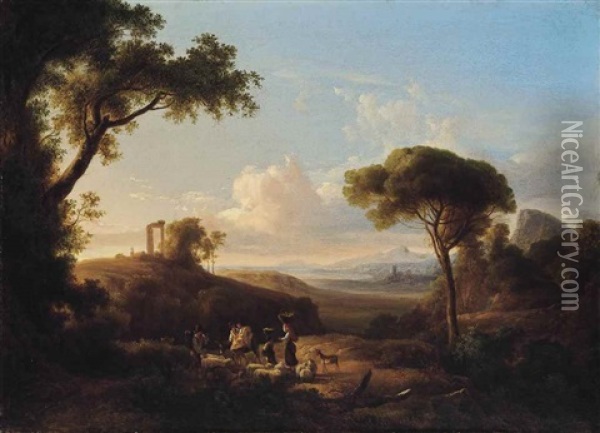 Figures In A Classical Landscape Oil Painting - Karoly Marko the Younger