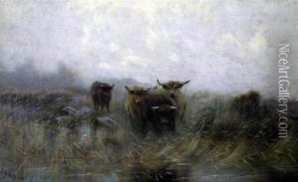Highland Cattle Beside A Stream Oil Painting - Sidney Pike