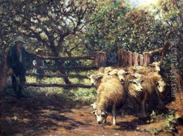 Shepherd And Flock Beside An Orchard Oil Painting - John Robert Keitley Duff