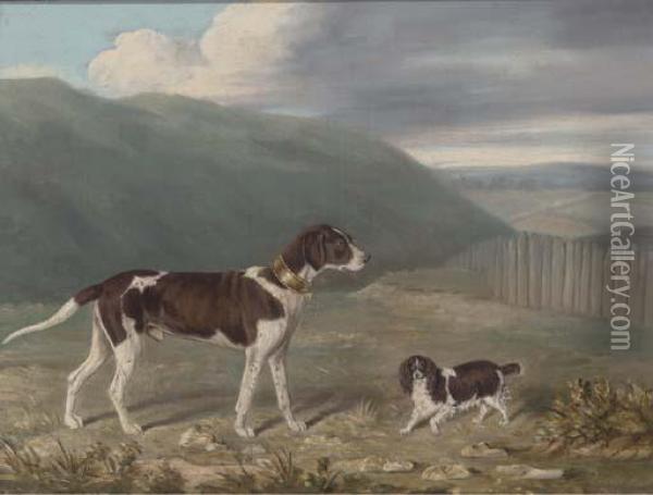 A Gundog And A Spaniel In A Landscape Oil Painting - James Loder Of Bath