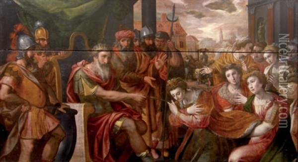 Esther Devant Assuerus; A L'arriere Plan L'execution Du Ministre Aman Oil Painting - Frans Floris the Elder