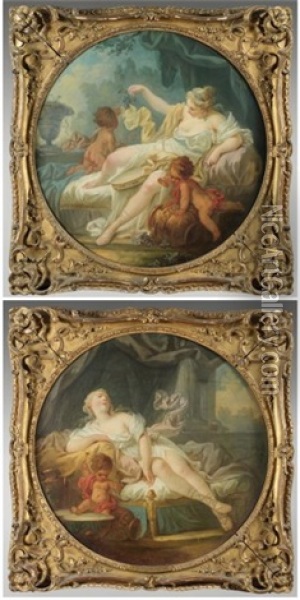 Venus Jouant Avec L'amour (+ Venus Revant; 2 Works) Oil Painting - Jean Baptiste Henri Deshays