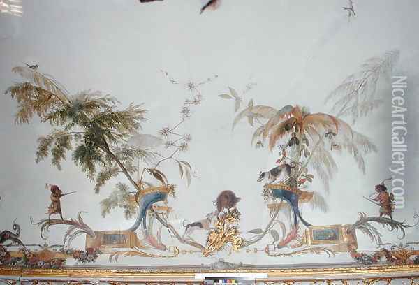 The Boar Hunt detail from the ceiling of La Grande Singerie Oil Painting - Christophe Huet