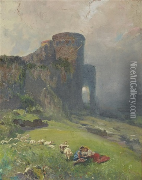 Gardien De Moutons Pres D'un Chateau En Ruine Oil Painting - Eduardo Dalbono