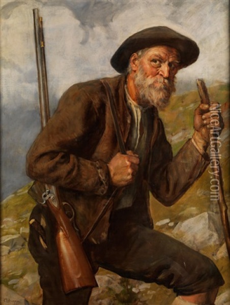 Alter Jager Mit Flinthe Im Hochgebirge Oil Painting - Franz Von Defregger