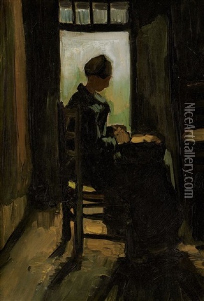 Vrouw Zittend Voor Een Geopende Deur, Aardappels Schillend (woman Seated Before An Open Door, Peeling Potatoes) Oil Painting - Vincent Van Gogh