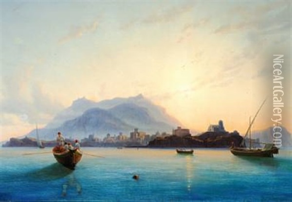 View Of Italy With Fishermen In Their Boats Off The Coast Oil Painting - Edmund Hottenroth