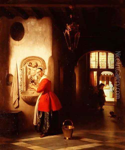 A maid in a hallway Oil Painting - Hubertus van Hove