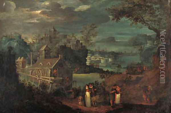 A mountain river landscape with elegant company on a path, a mill and a town beyond Oil Painting - Frederik van Valkenborch