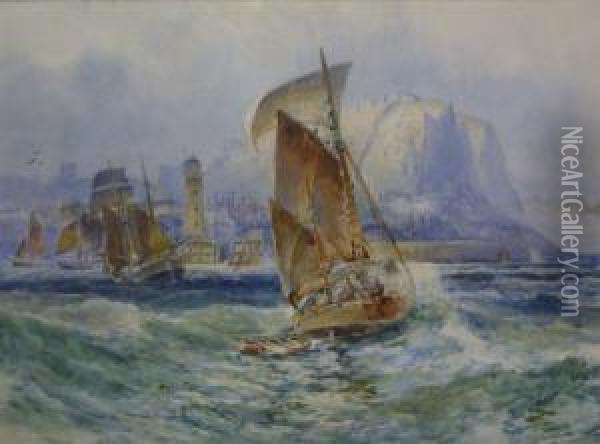 Yawl Returning To Scarborough Harbour Oil Painting - Robert Ernest Roe