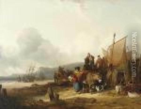 Unloading The Catch Oil Painting - Snr William Shayer