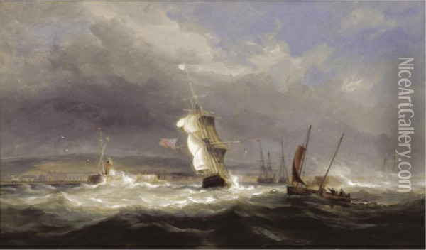 Shipping In A Squall Off Swansea Harbour Oil Painting - James Harris of Swansea