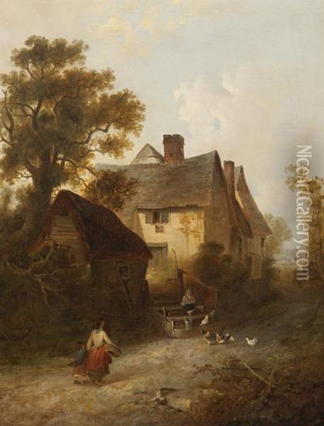 Mother And Child And A Little Girl With Chickens Before A Farmhouse Oil Painting - Edward Robert Smythe