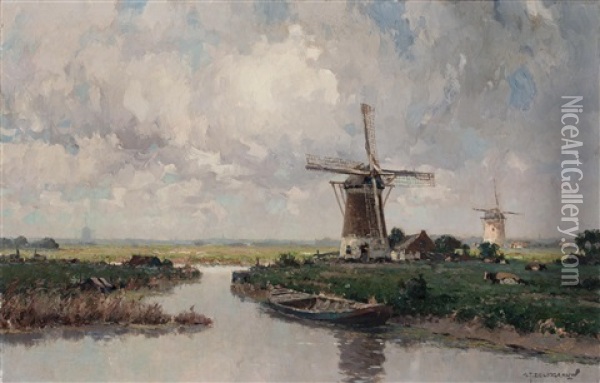 Windmill In A Polder Landscape Oil Painting - Gerard Delfgaauw