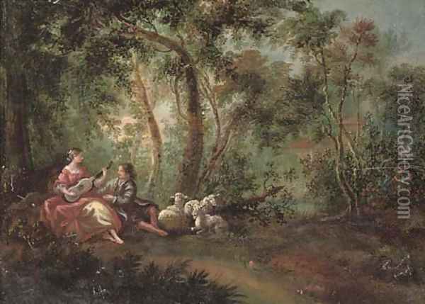 A wooded river landscape with a shepherd and shepherdess making music Oil Painting - Jean-Antoine Watteau