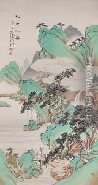 Green Mountains In Autumn Oil Painting - Huang Shanshou