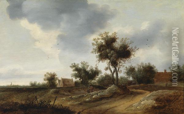 Two Peasants On A Path Near A Village Oil Painting - Reinier Van Der Laeck