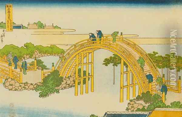 Drum Bridge at Kameido Shrine (Kameido tenjin taikobashi) Oil Painting - Katsushika Hokusai