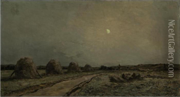 Haystacks In The Moonlight Oil Painting - Hippolyte Camille Delpy