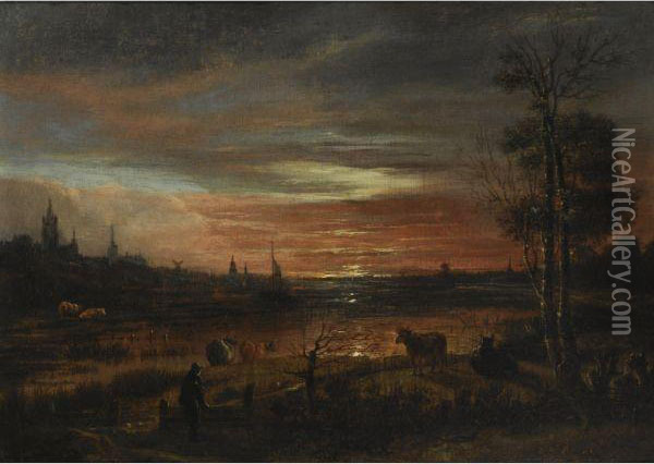 A View Across A Marshy River 
Towards A Town After Sunset, Two Peasants And Cattle In The Foreground Oil Painting - Aert van der Neer