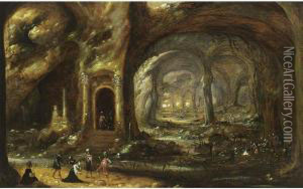 A Cave With Soldiers Capturing A
 Woman And Her Servant In The Foreground, Other Soldiers Near A Fire On 
The Right Oil Painting - Rombout Van Troyen
