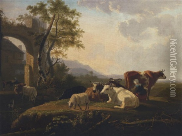A River Landscape With Cattle And A Milkmaid Near A Farm Oil Painting - Jan Kobell the Younger