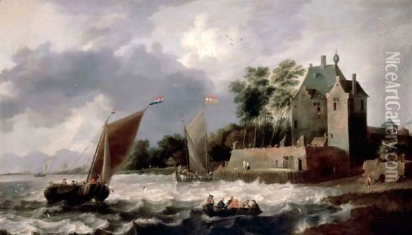 An Estuary Scene, With Rowing Boats And Small Sailing Boats Before A Fortified House Oil Painting - Gilles Peeters