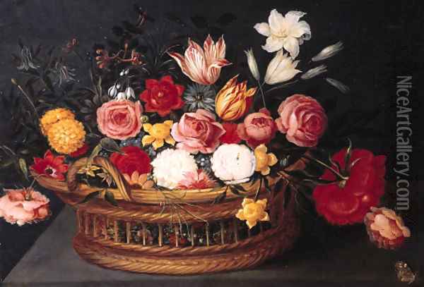 Tulips, roses, lilies, a peony, forget-me-nots, anemone and other flowers with a butterfly in a basket, on a stone ledge Oil Painting - Phillipe de Marlier