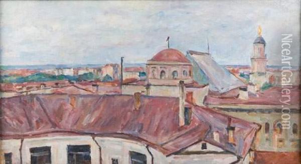 Les Toits Du Vkhutemas Et De La Poste Centrale 1929 Oil Painting - Petr Ivanovich L'Vov