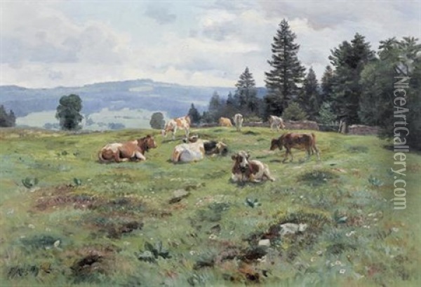 Sommerliche Wiesenlandschaft Mit Weidenden Kuhen Oil Painting - Fritz Huguenin