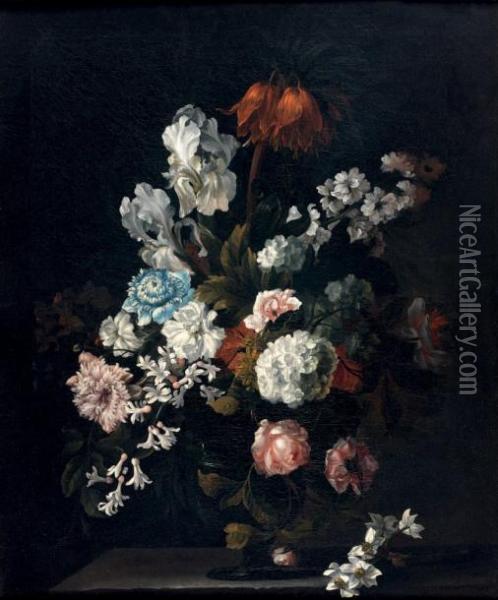 Composition Florale Dans Un Vase Pose Sur Un Entablement Oil Painting - Nicolas Ricoeur