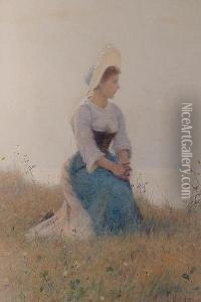 A Beautiful Girl In A Meadow. Oil Painting - Hector Caffieri