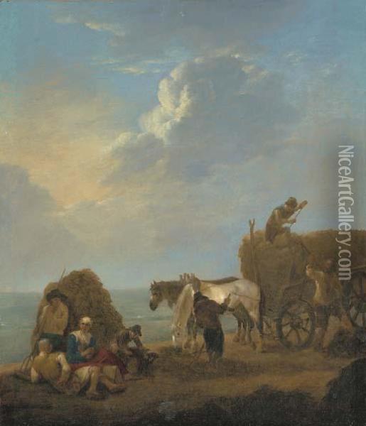 An Extensive Landscape With Haymakers Oil Painting - Johannes Lingelbach