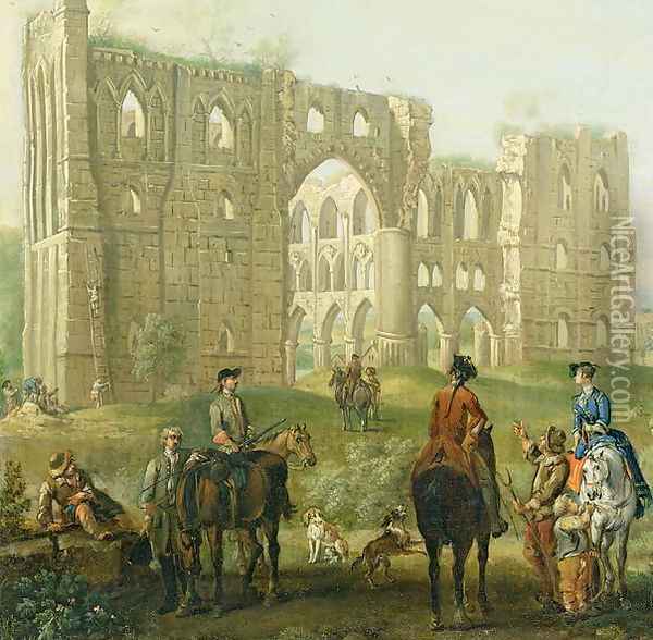Riders Pausing by the Ruins of Rievaulx Abbey, c.1740-50 Oil Painting - John Wootton
