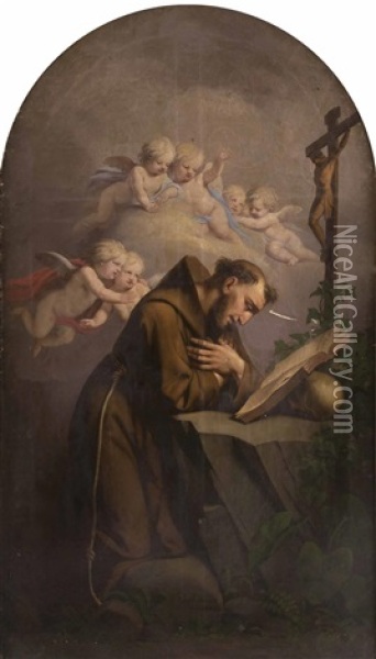Der Hl. Franz Von Assisi Kniend Vor Buch Und Kruzifix Oil Painting - Josef Arnold the Elder