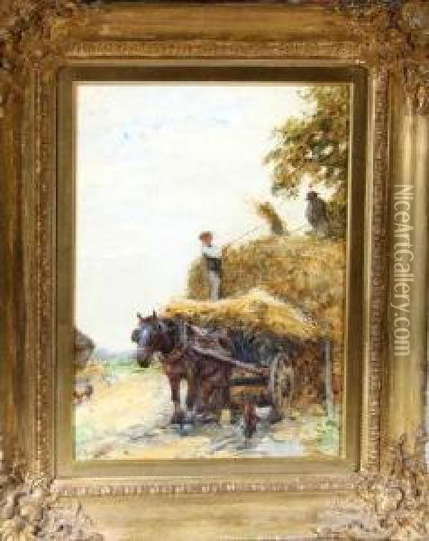 Workers Unloading A Hay Cart Oil Painting - John Atkinson